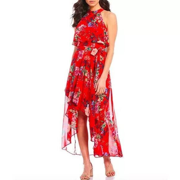 Eliza J Dress High Low Halter Top Red Color Floral Print Size 4 - Picture 1 of 8